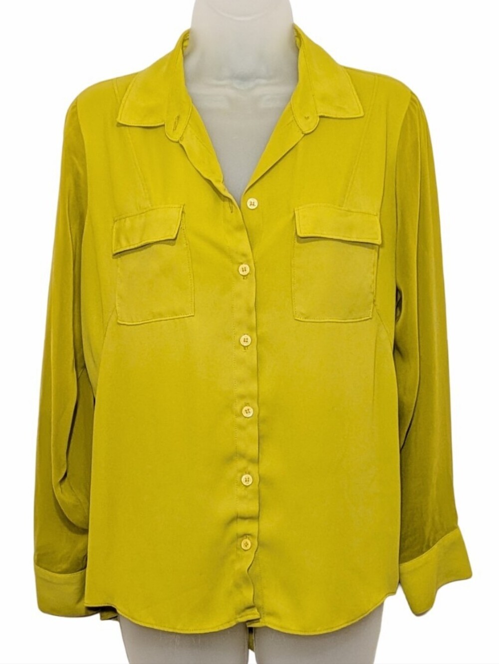 AGB Chartreuse Button-Down Shirt with Chest Pockets | Blouse | Petite | Chic |
